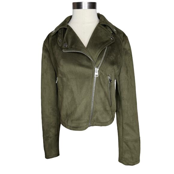 Topshop Faux Suede Moto Jacket Lux Olive Green With Silver Hardware Size 6 - Picture 1 of 8